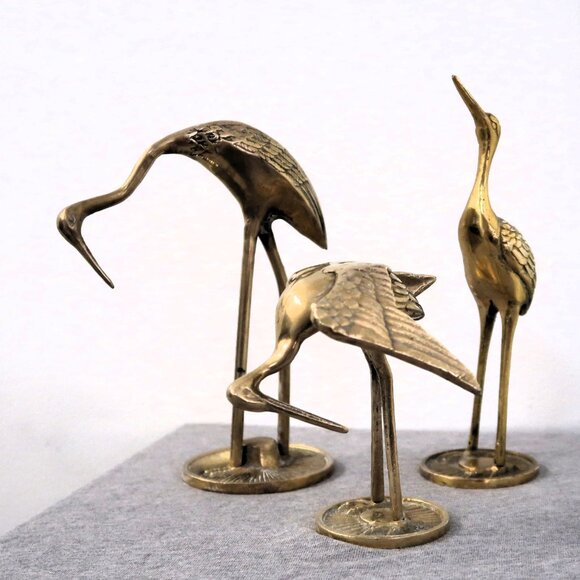 Vintage Brass Crane Birds Sculptures Trinket Decor Set of Three See Description - Picture 4 of 9